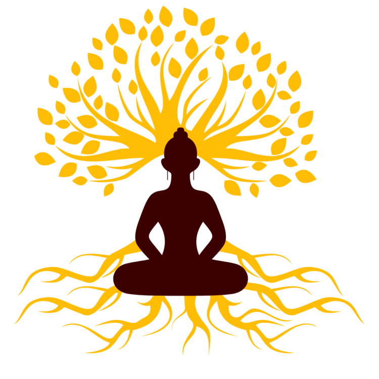 Image of person seated and meditating with a growing tree in the background with roots below the person and branches and leaves above the person